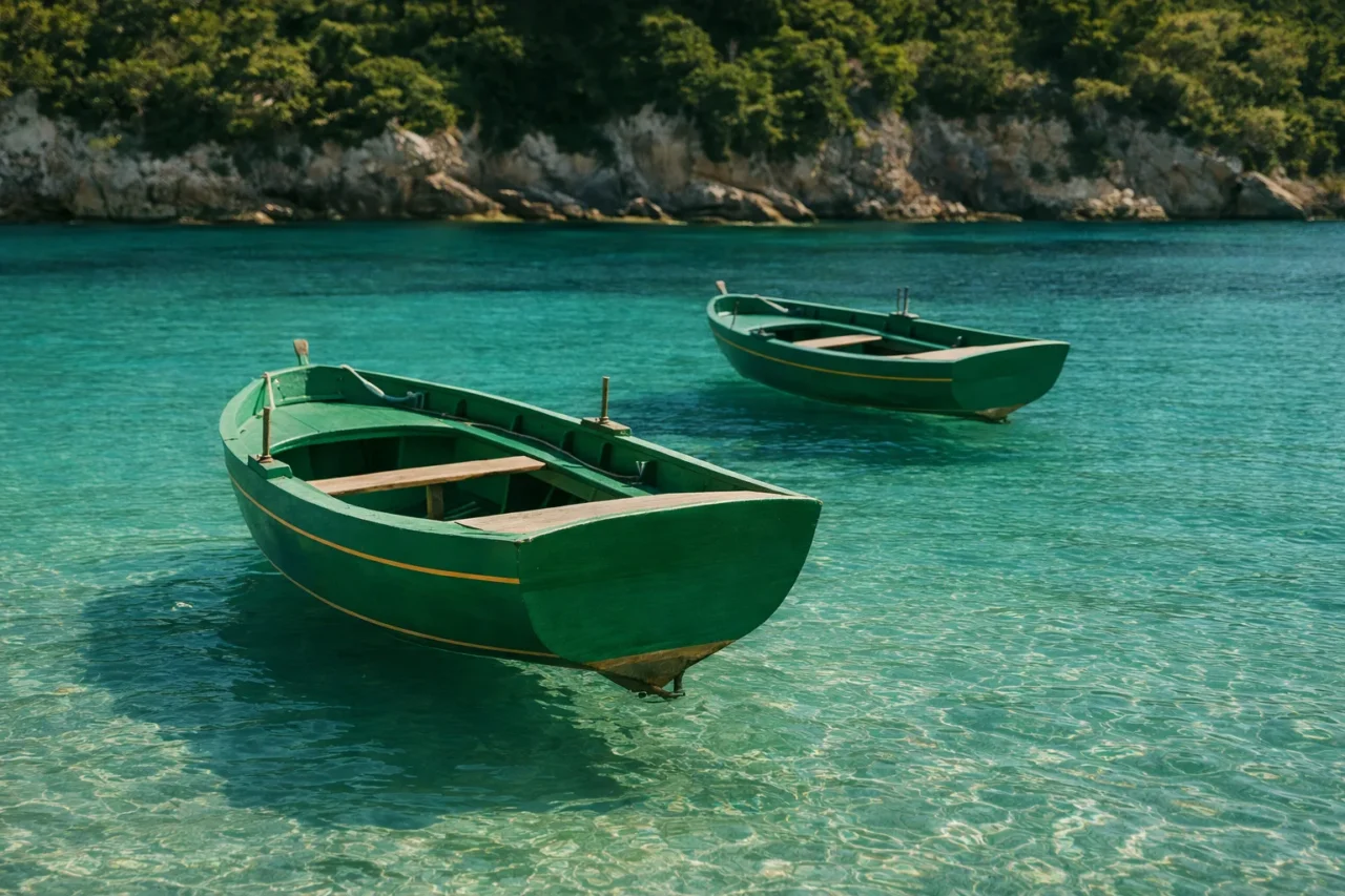 Two green rowboats in tranquil cove